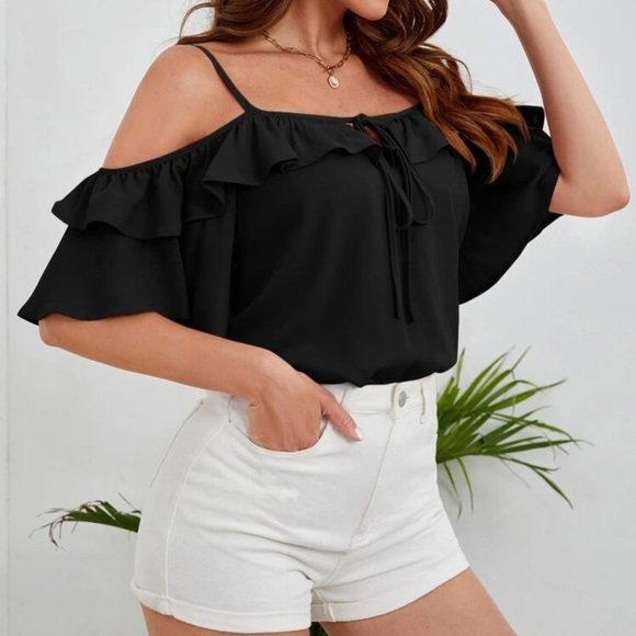 Boho cold shoulder knot front ruffle hem blouse - Picture 9 of 16